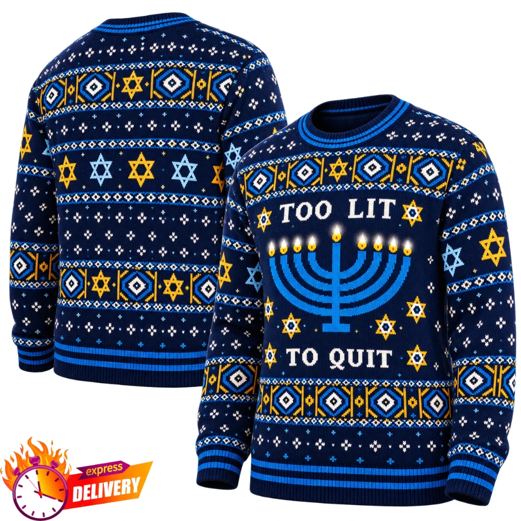 Hanukkah Let's Get Lit Menorah Star Of David Blue Christmas Sweater